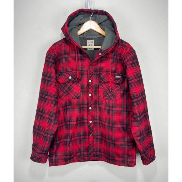 Dickies Fleece Lined Hooded Work Shirt Jacket Men‎ Medium Red Black Pockets Snap - Picture 1 of 11